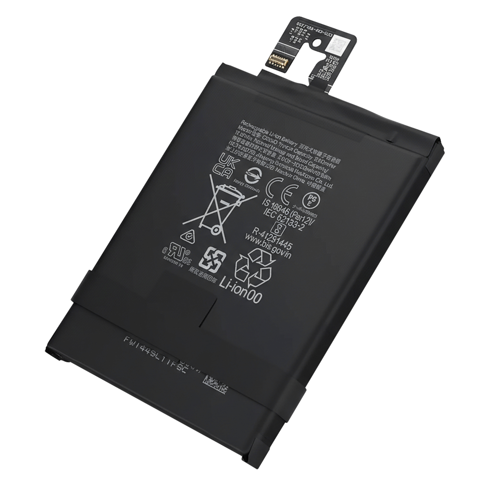 Batteria agli ioni di litio nera con etichette, simboli e cavo di connessione.