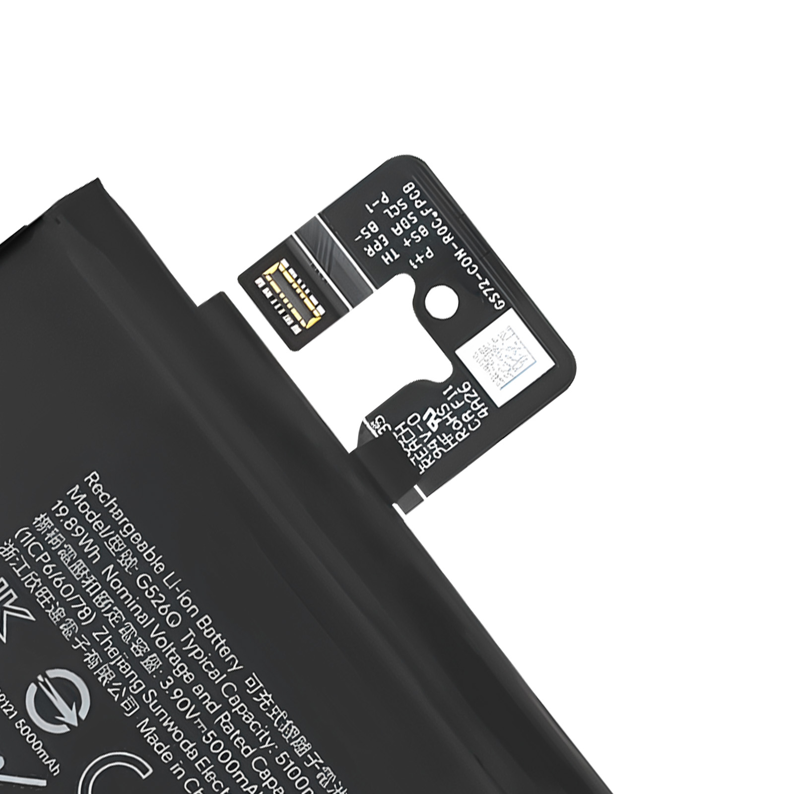 Batteria nera con cavo di connessione nero e dettagli tecnici.