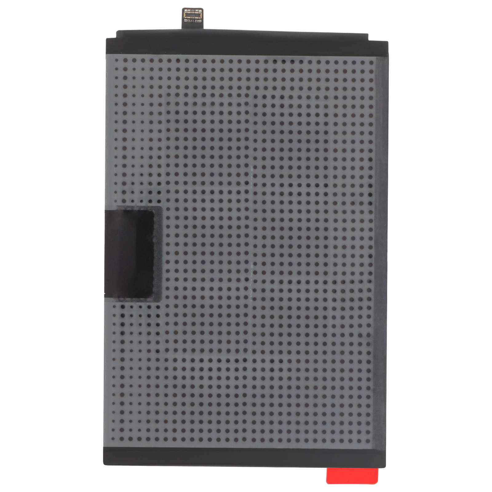 Rectángulo gris con puntos, conector negro arriba, pestaña roja abajo.