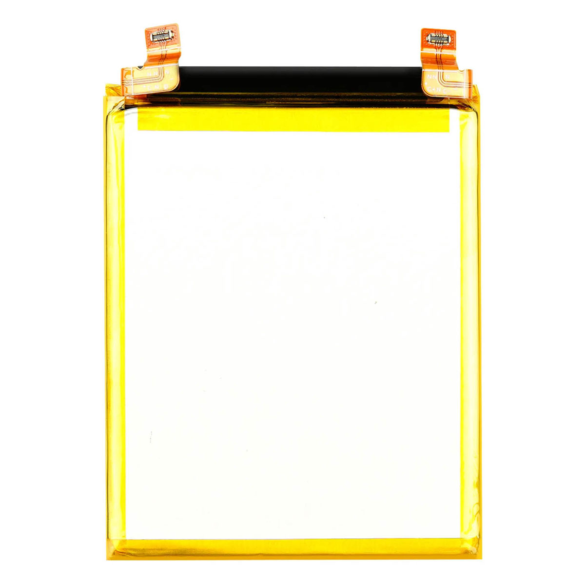 Una batteria rettangolare con bordo giallo e due cavi di collegamento in alto.