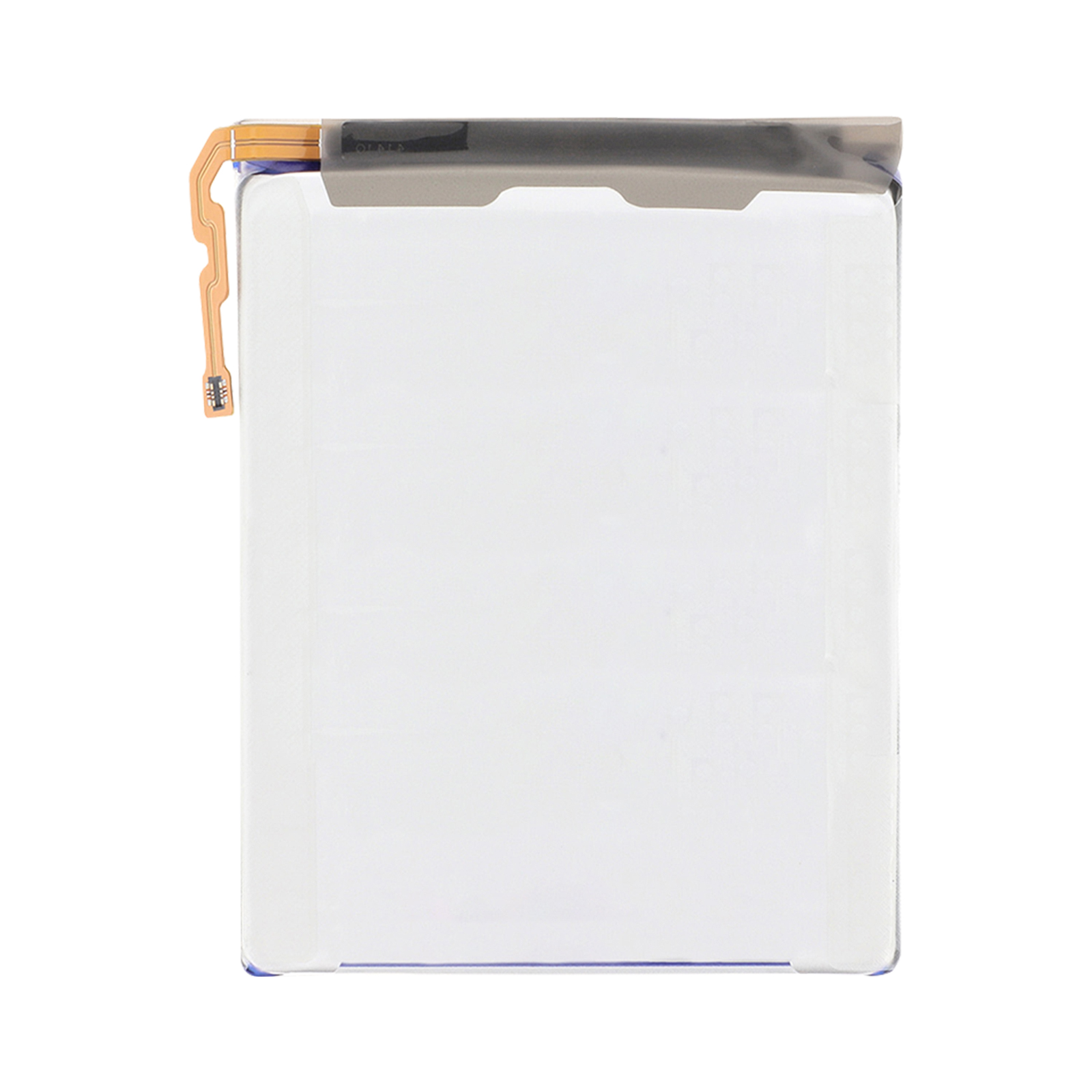 Una batteria bianca rettangolare con un cavo piatto flessibile e un connettore grigio.