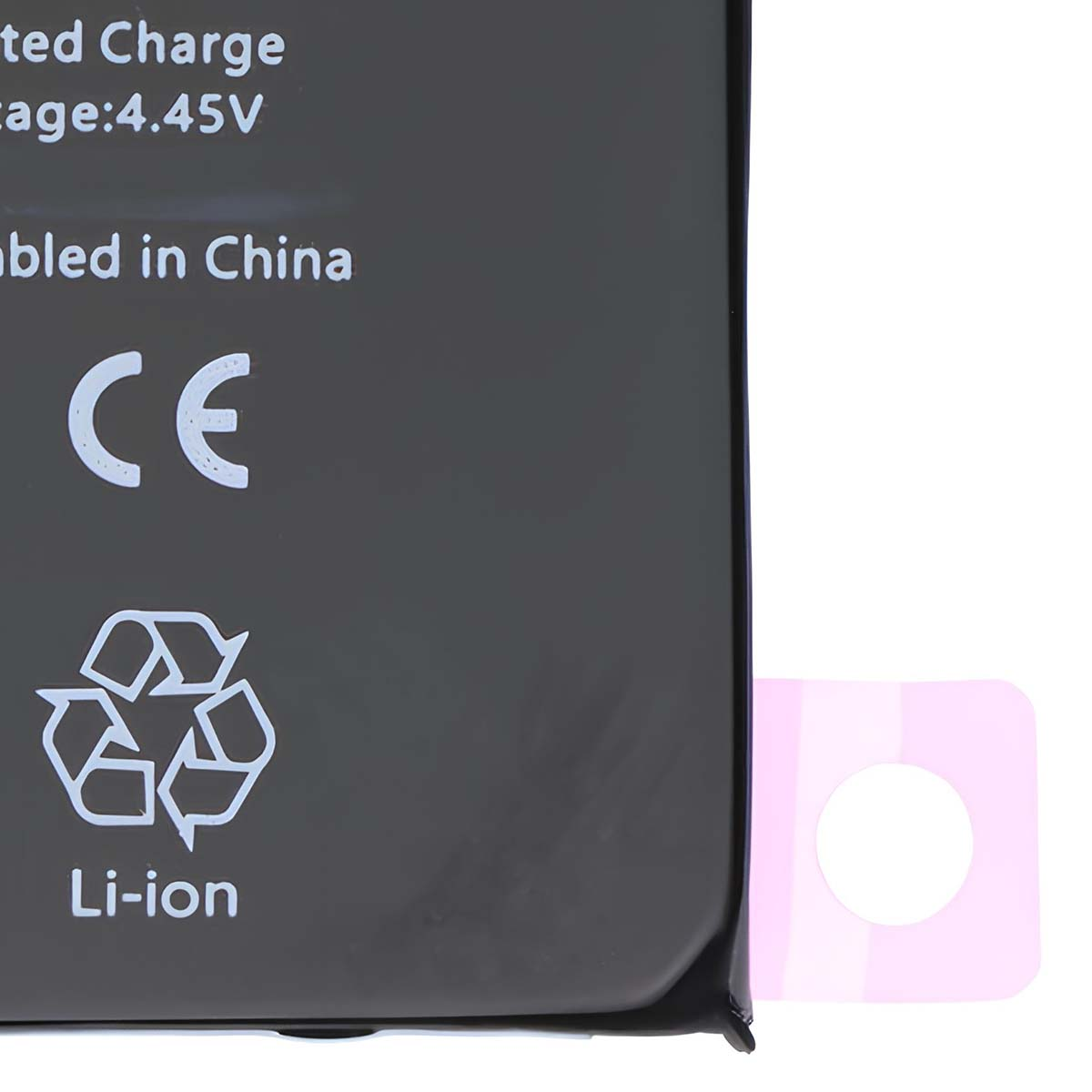 Batteria nera con marchio CE e simbolo di riciclo.