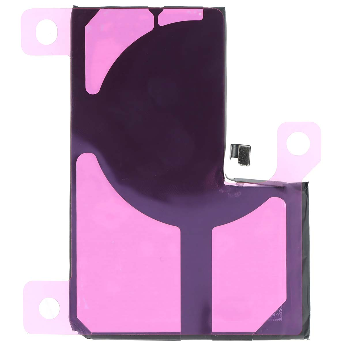 Ein Smartphone-Akku mit rosa Klebestreifen und einem schwarzen Anschluss.