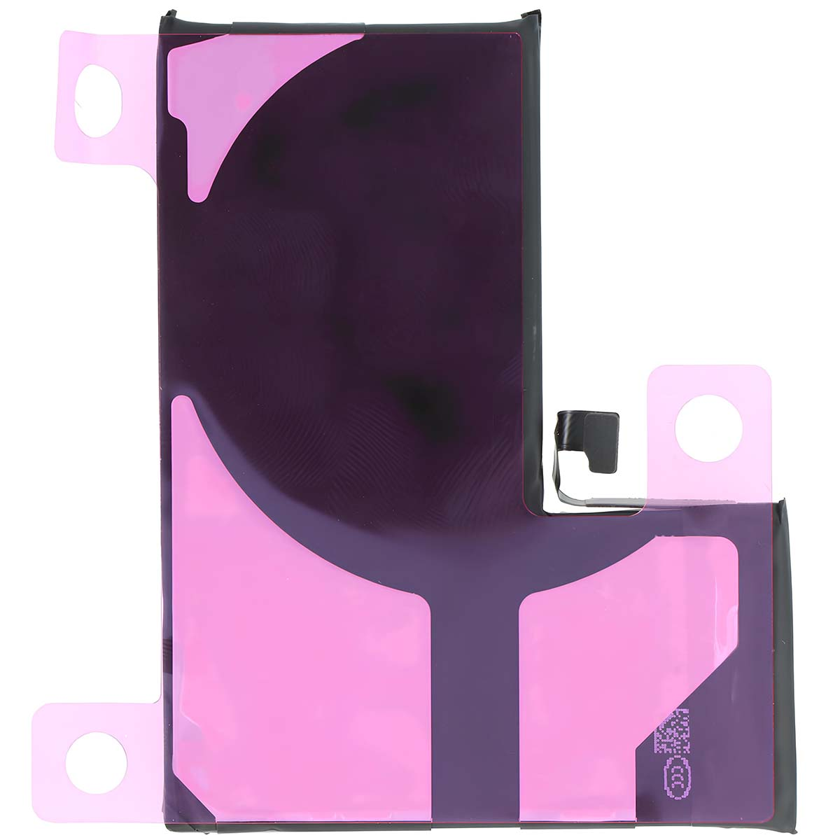 Una batteria viola con strisce adesive rosa e un cavo di collegamento nero.