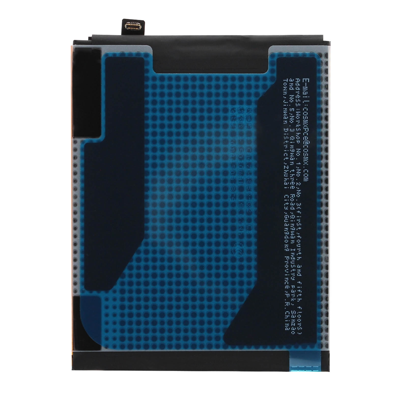 Una batteria con motivo a griglia blu e testo nero su sfondo bianco.