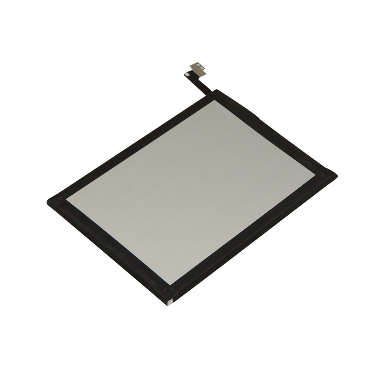 Una batteria rettangolare nera con un centro grigio chiaro.