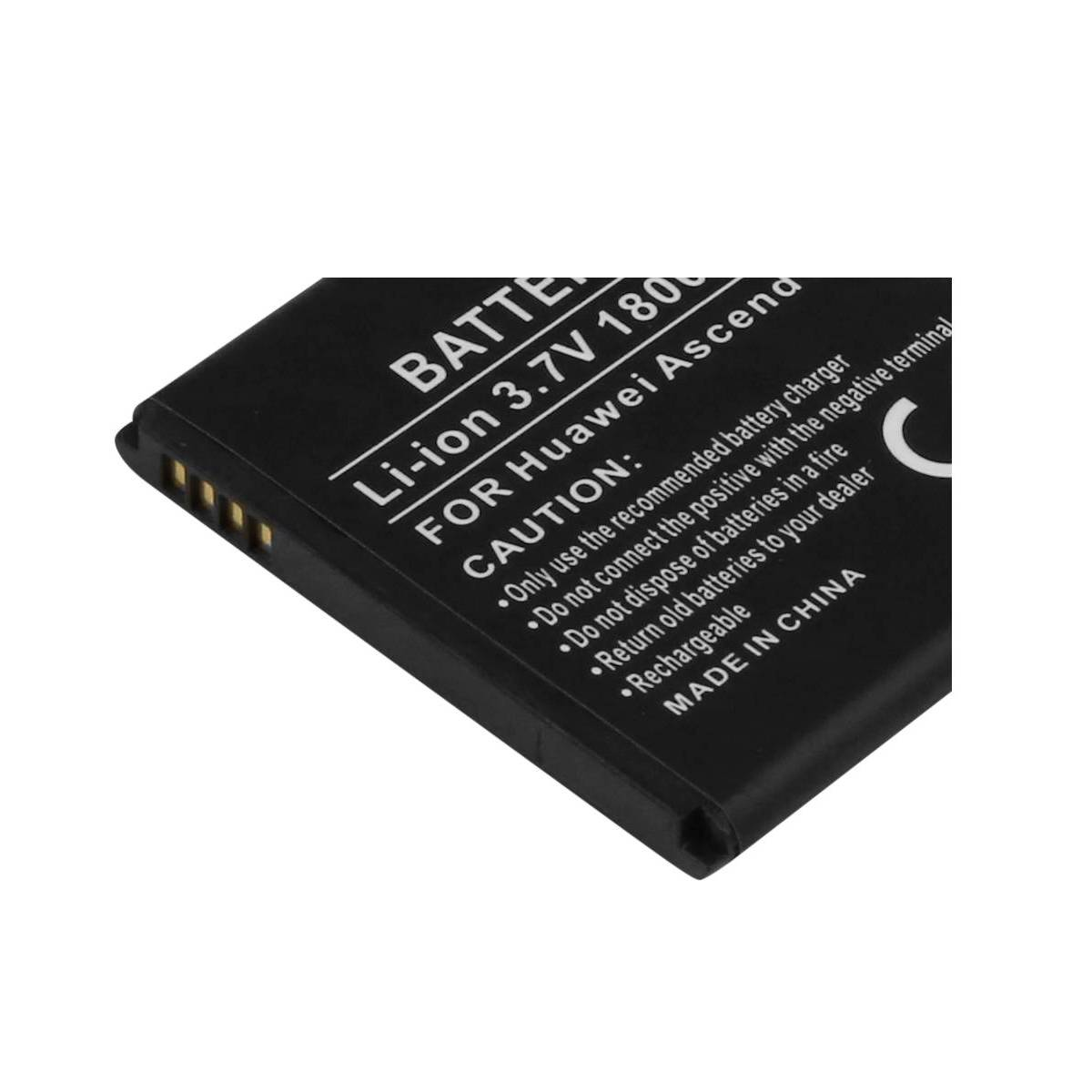 Batteria nera Li-ion 3,7V per Huawei Ascend con testo di avvertenza.