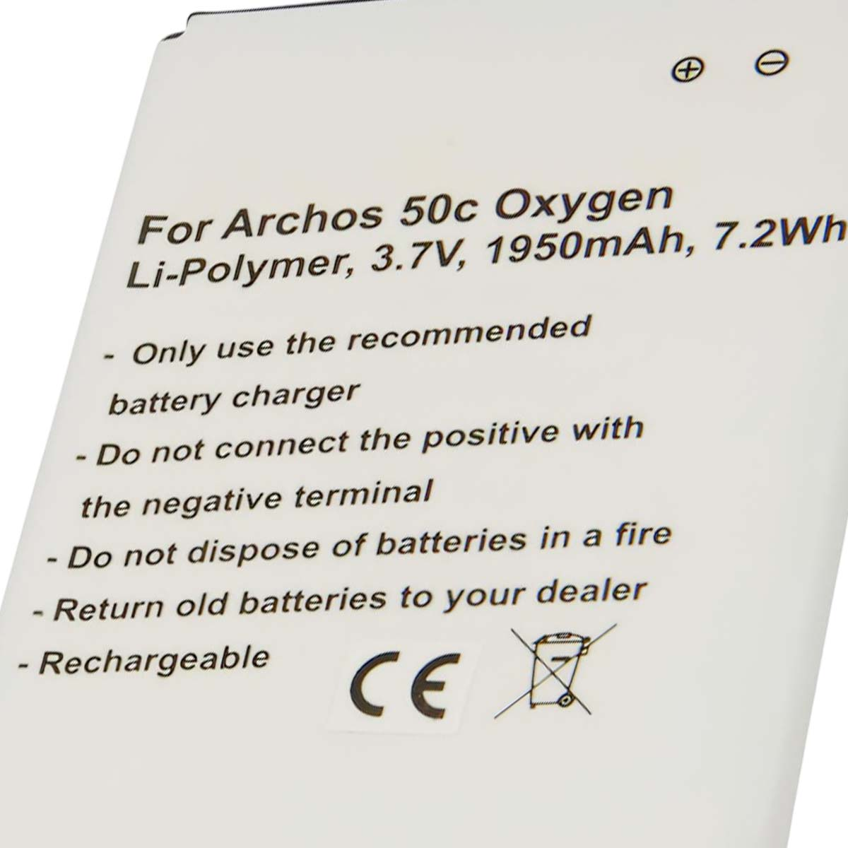 Specifiche batteria: Archos 50c Oxygen, Li-Polimero, 3,7V, 1950mAh, 7,2Wh. Avvertenze.