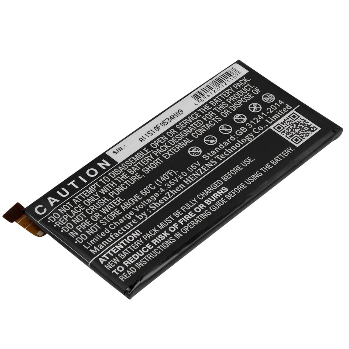 Batteria nera con testo di avvertenza e numero di serie.