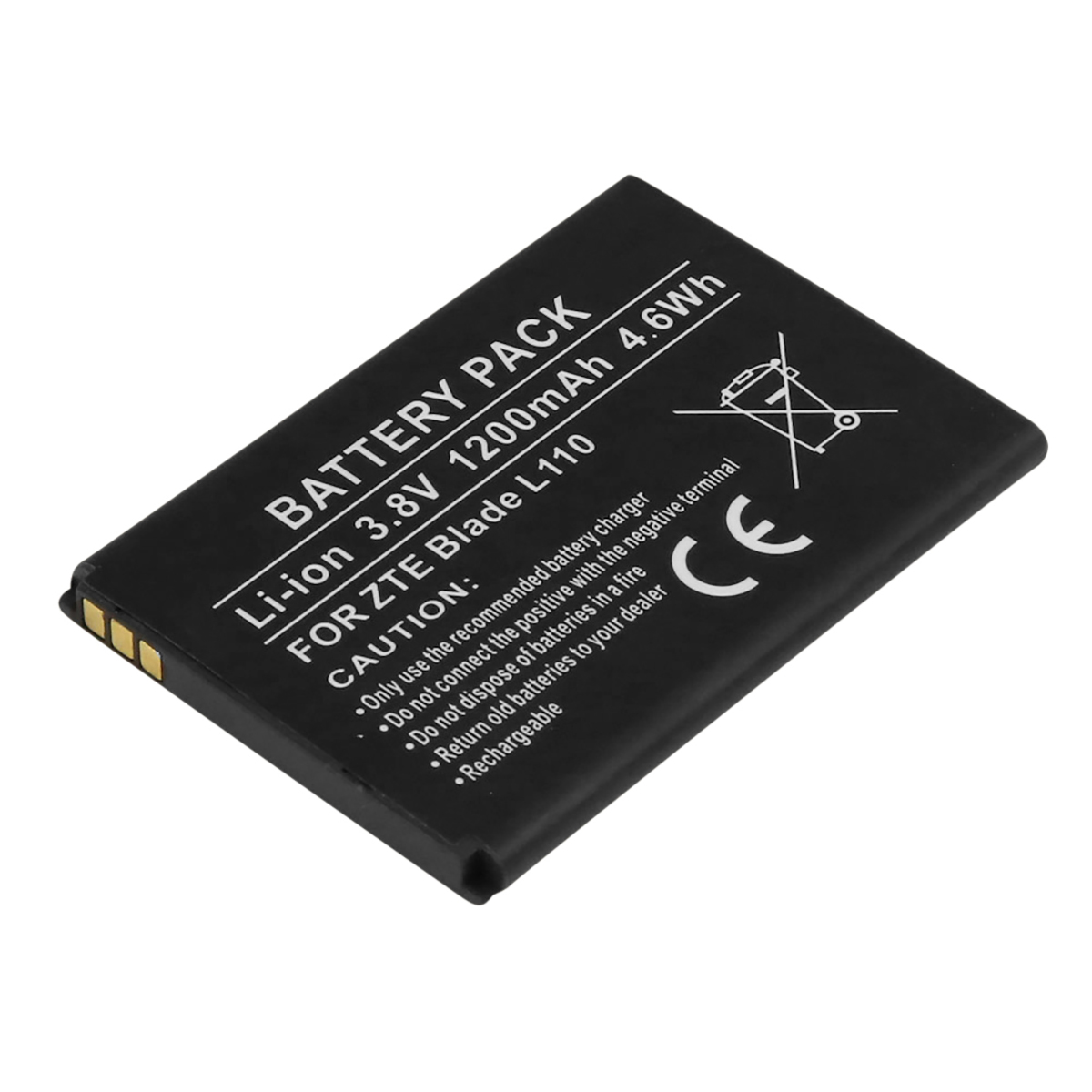 Batteria nera per ZTE Blade L110, 3,8V 1200mAh, con testo di avvertenza.