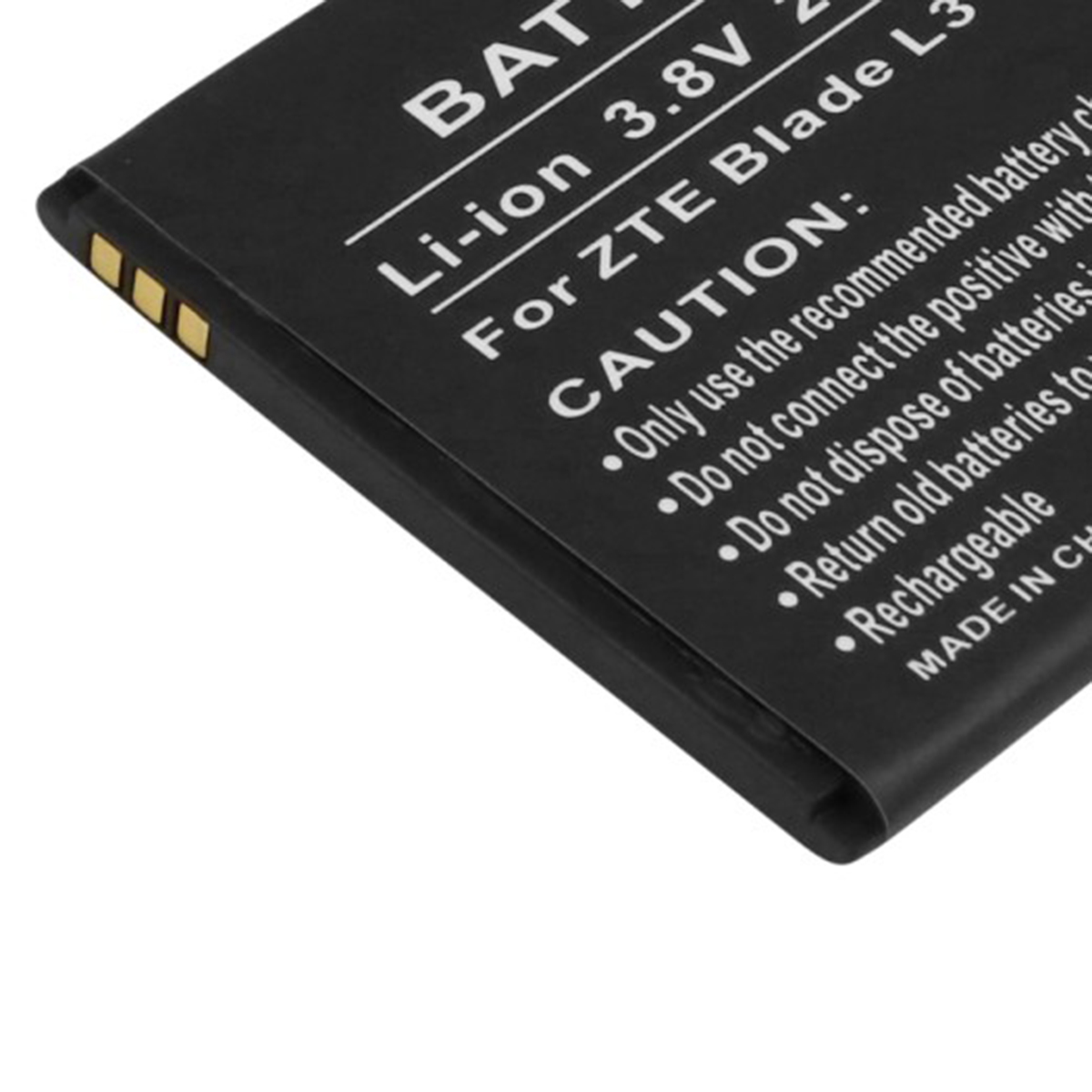 Batteria nera Li-ion per ZTE Blade L con testo di avvertenza e contatti.