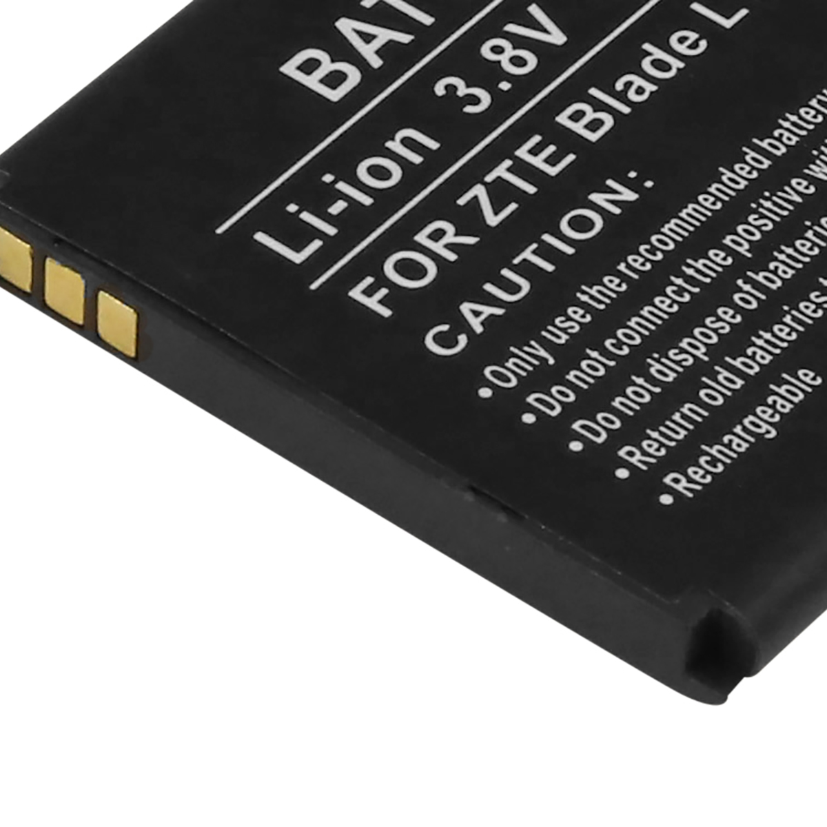 Batteria Li-ion 3,8V nera per ZTE Blade. Mostra testo di avvertenza e connettori.