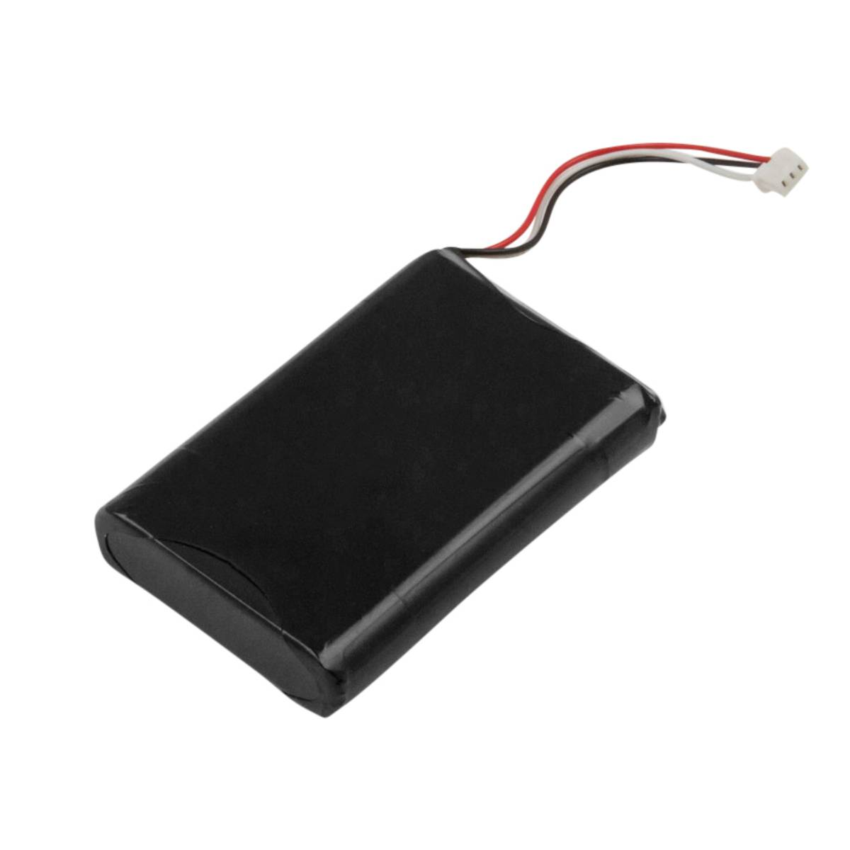 Eine schwarze rechteckige Batterie mit einem roten, weißen und schwarzen Kabelstecker.