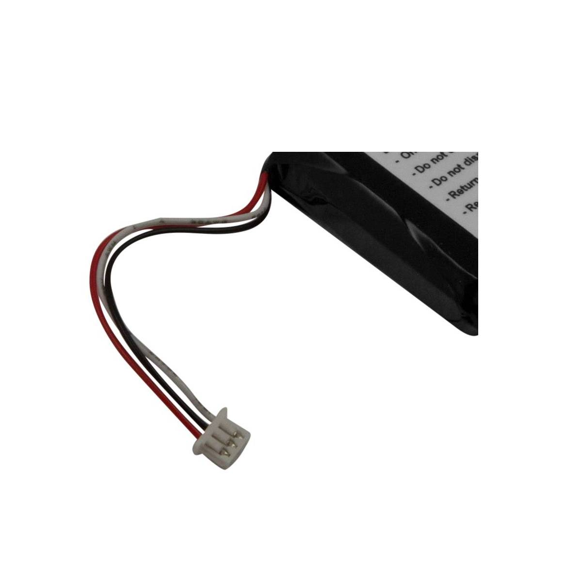 Schwarzer Akku mit rotem, weißem und schwarzem Kabel und weißem Stecker.