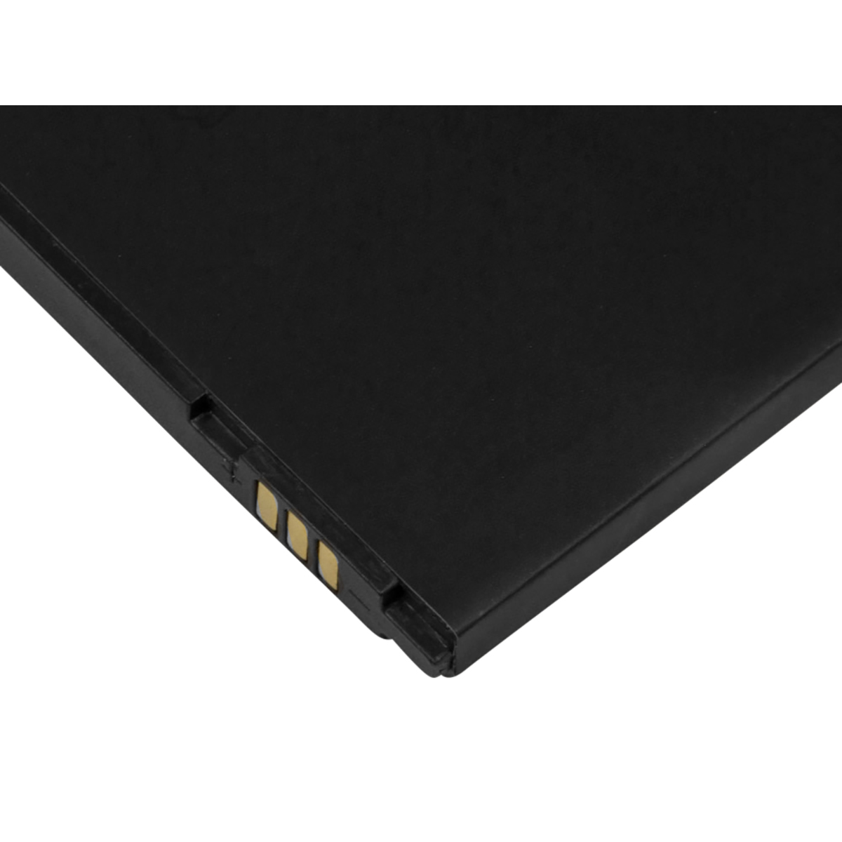 Batteria nera con contatti dorati sul lato sinistro, su sfondo bianco.