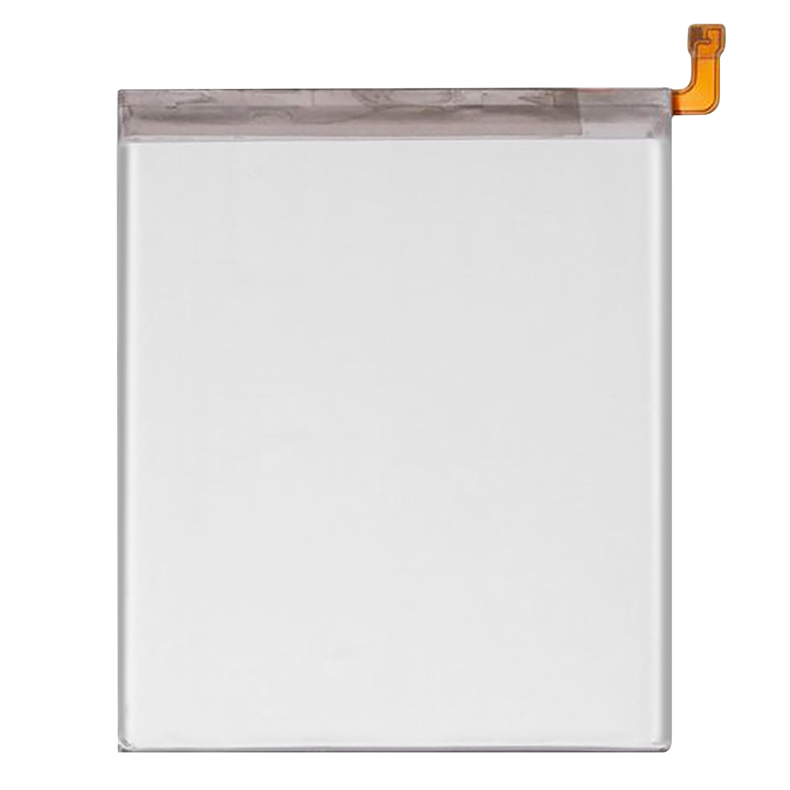 Ein rechteckiger Akku mit weißer Vorderseite und einem orangefarbenen Anschlusskabel oben rechts.