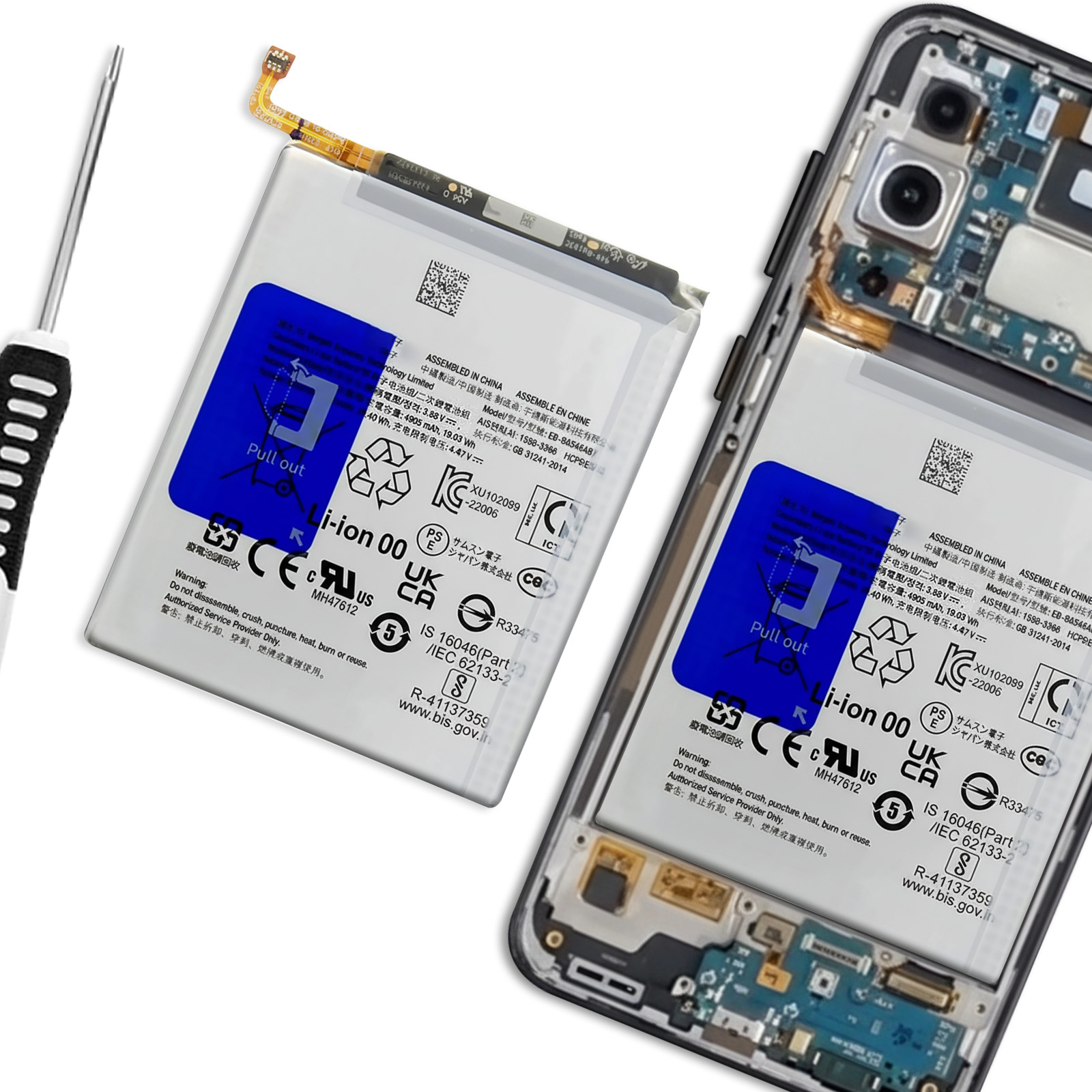 Ein Smartphone-Akku und ein zerlegtes Smartphone mit Werkzeug auf weißem Hintergrund.