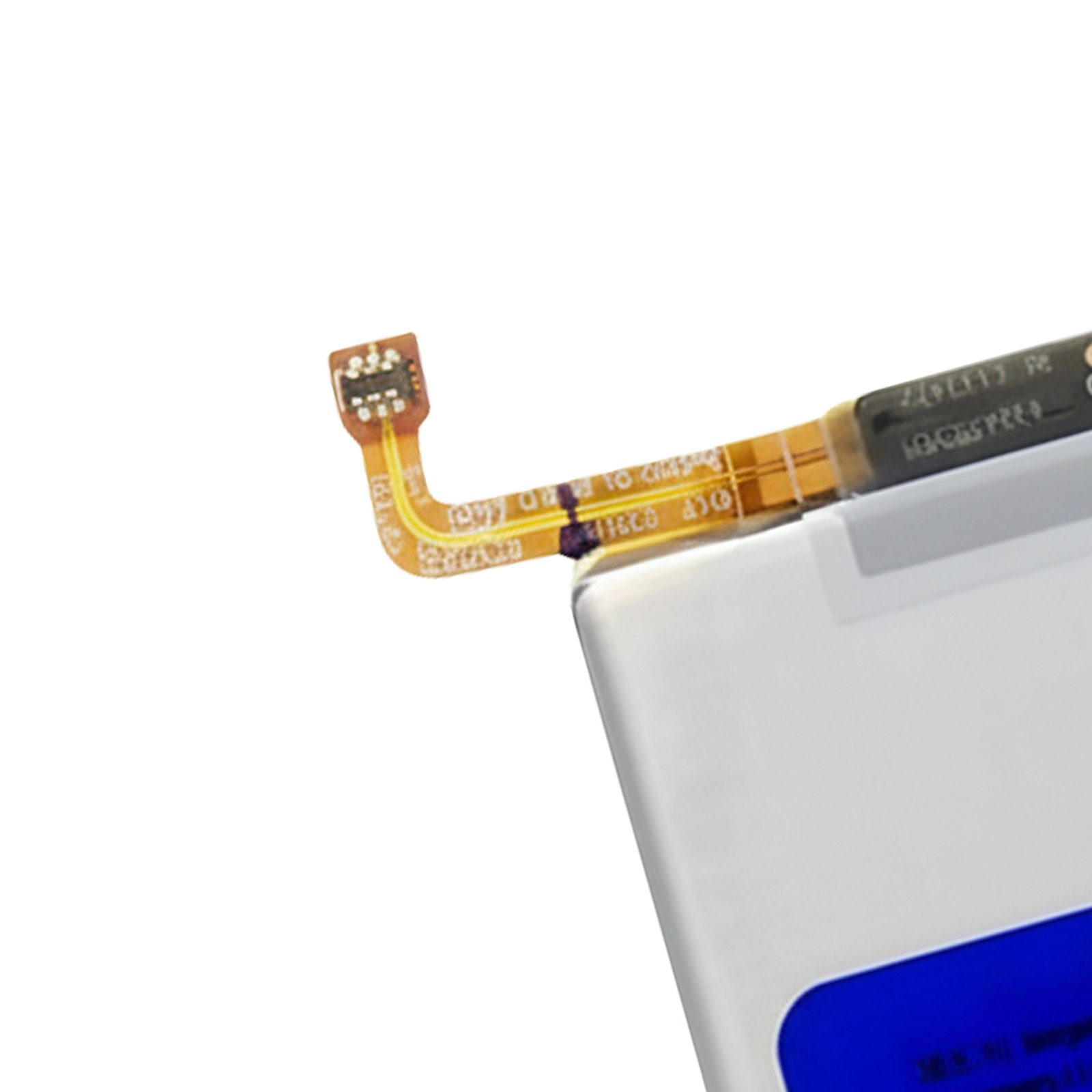 Ein flexibler Kabelverbinder mit goldenen Kontakten auf einem weißen Akku.