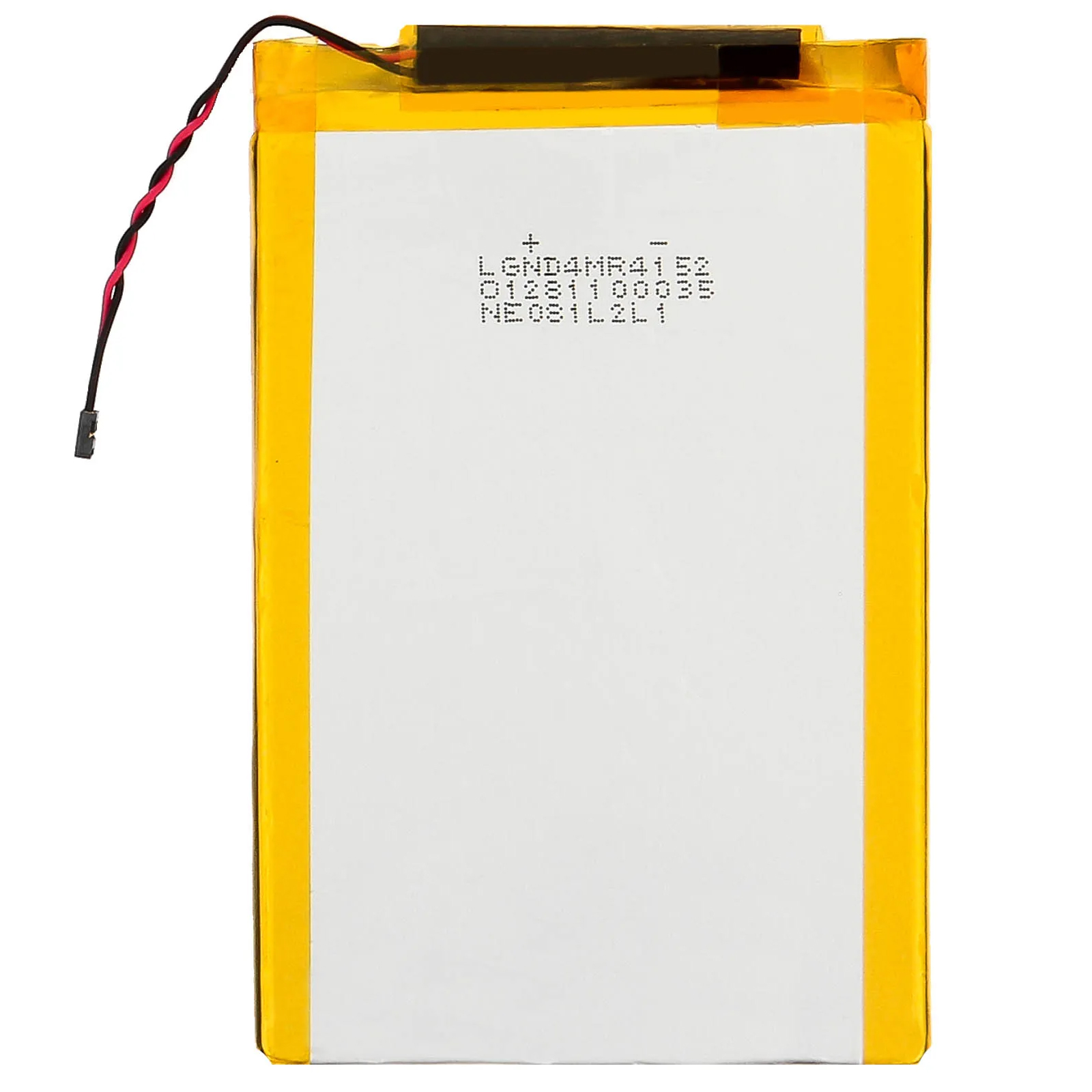 Una batteria rettangolare con bordi gialli ed etichetta bianca.