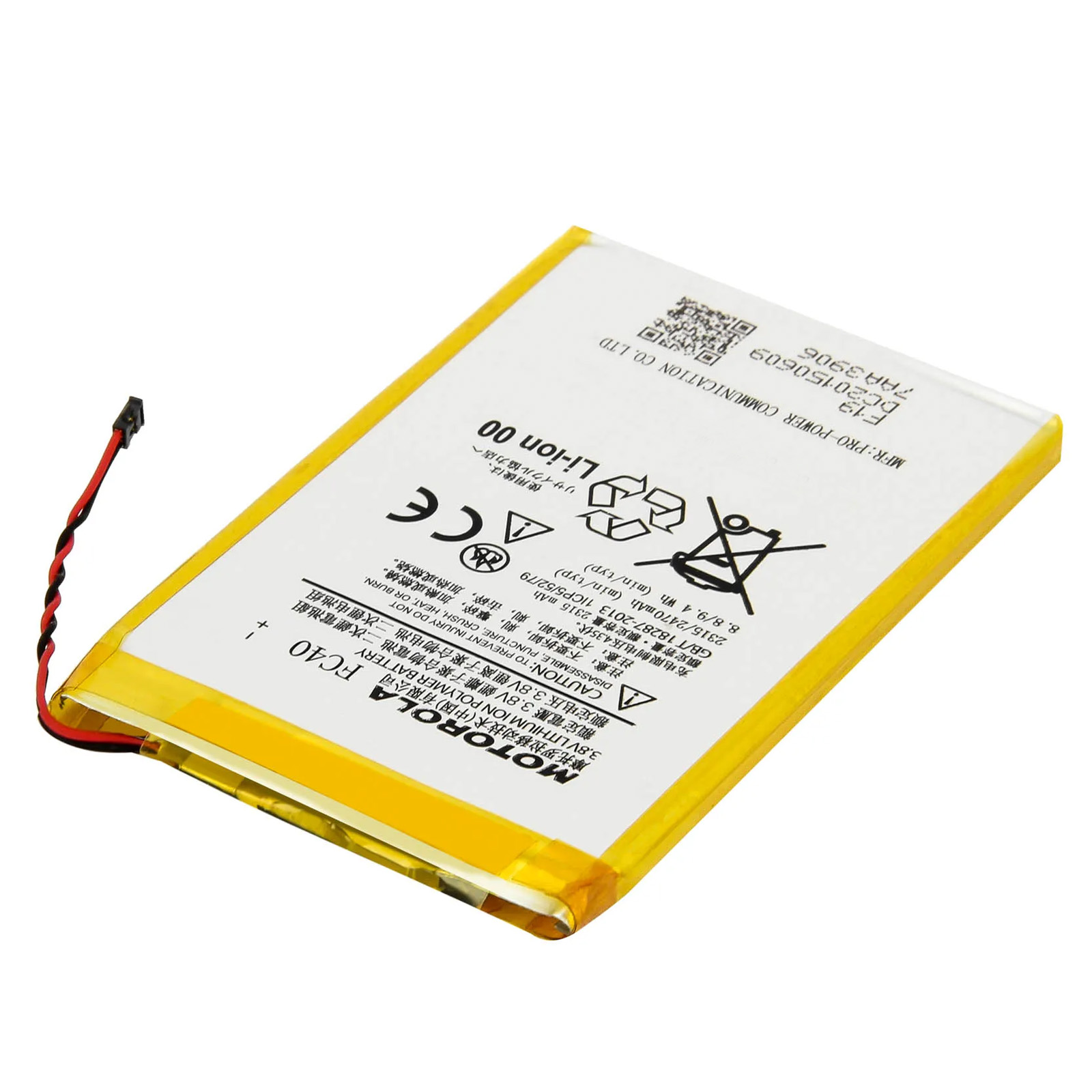 Una batteria ai polimeri di ioni di litio Motorola FC40 con finiture gialle e fili.