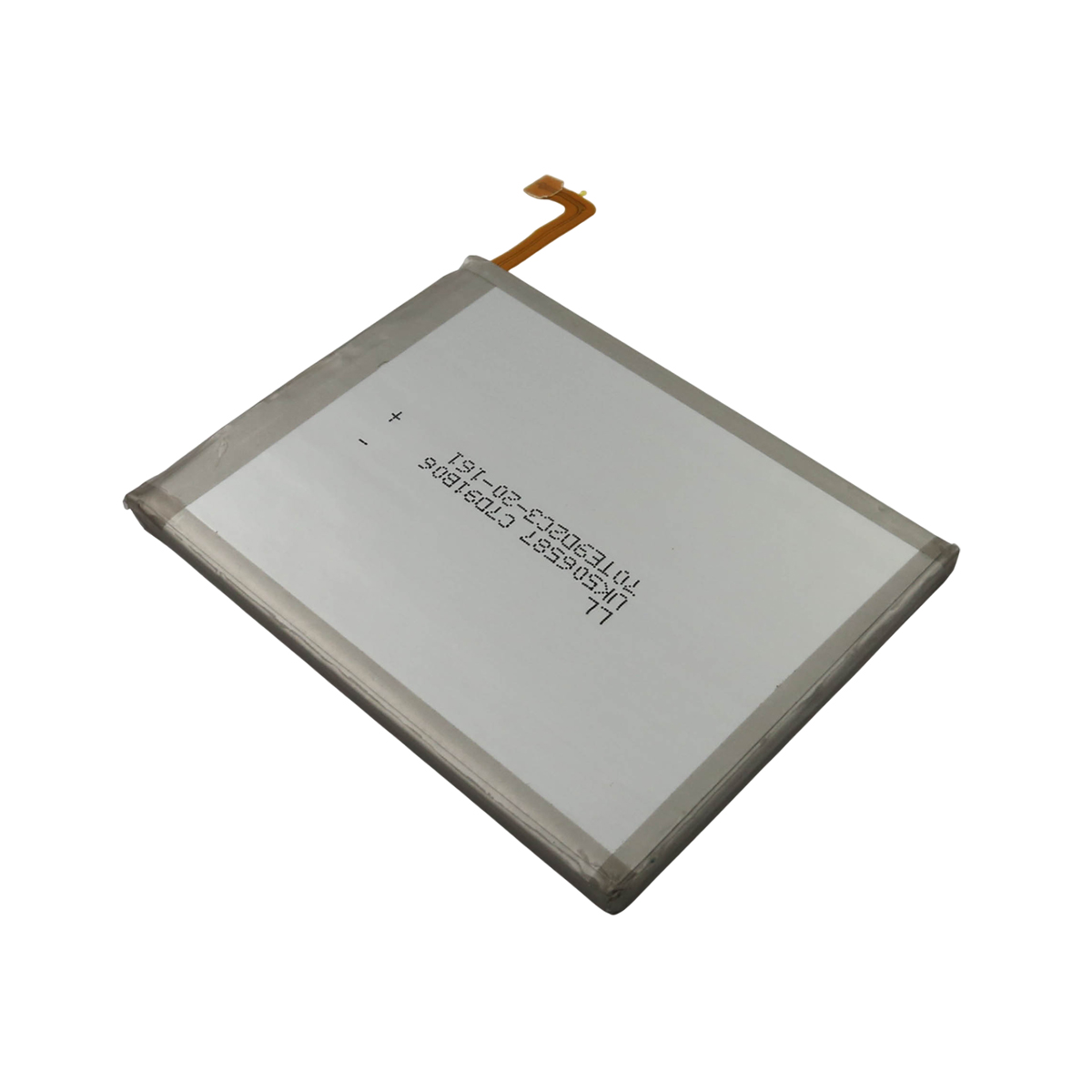Una batteria agli ioni di litio bianca con cavo flessibile e testo nero.