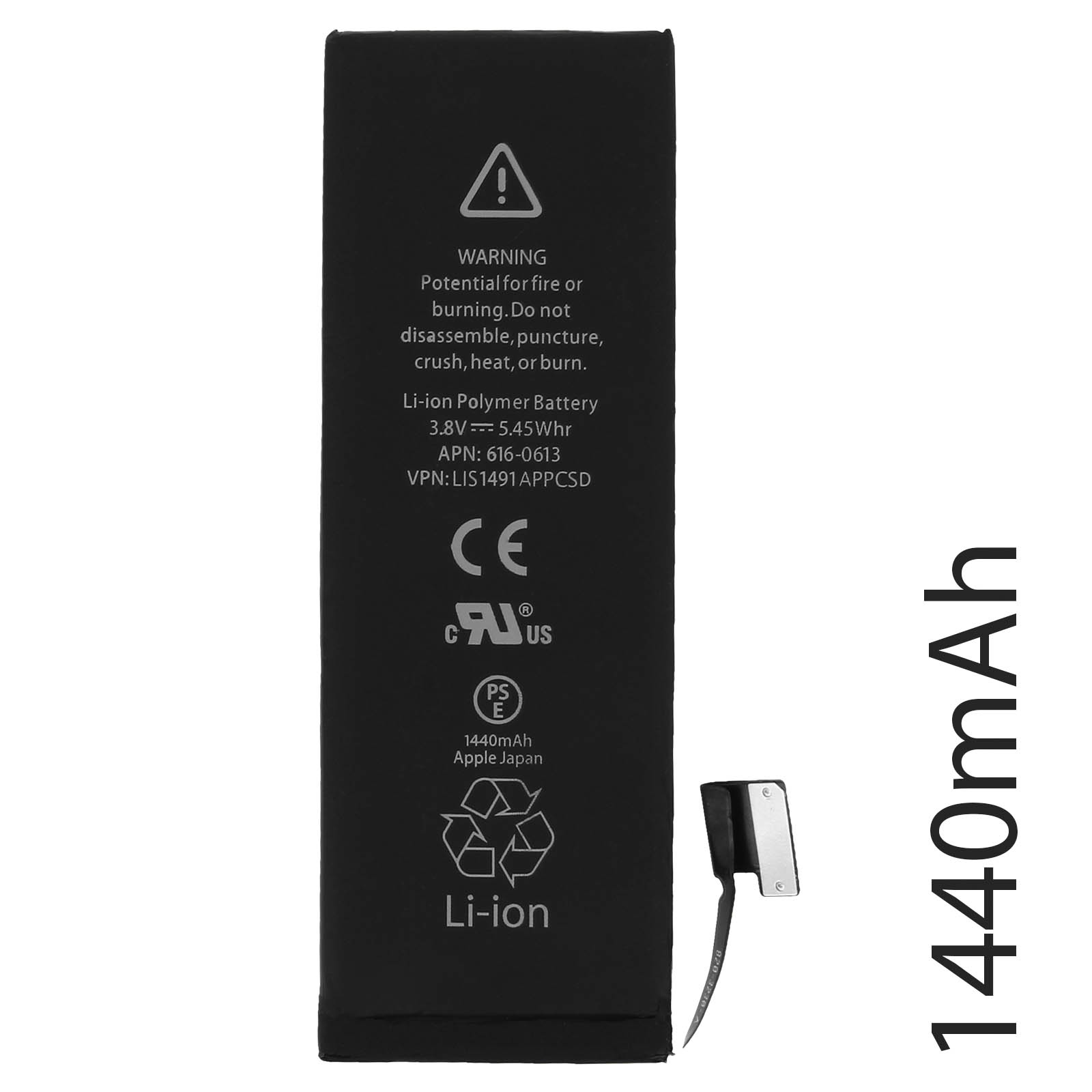 Schwarzer Li-Ionen-Akku mit Warnhinweisen, CE-Zeichen und 1440mAh.