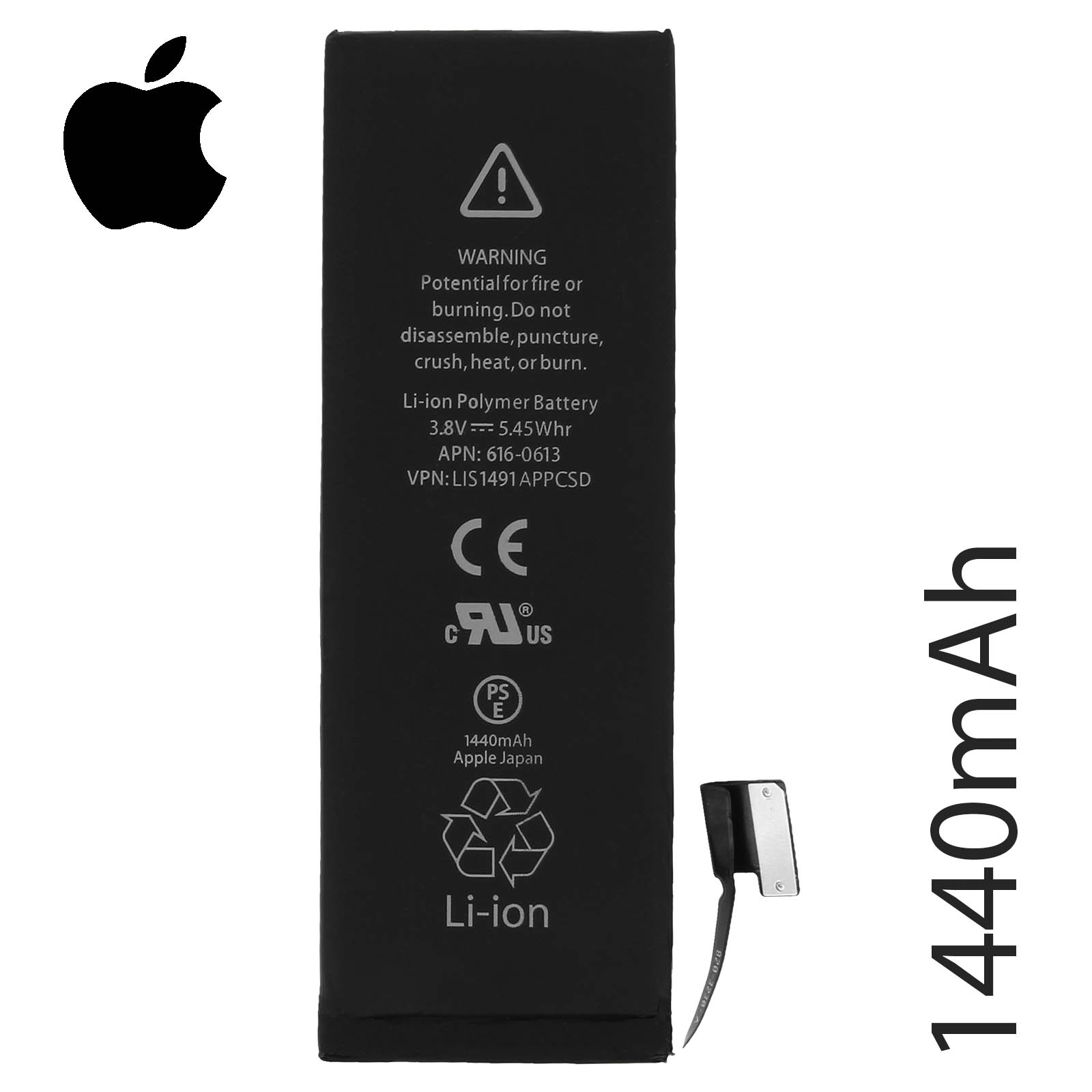 Schwarzer Akku mit Apple-Logo, Warnhinweisen und 1440mAh.