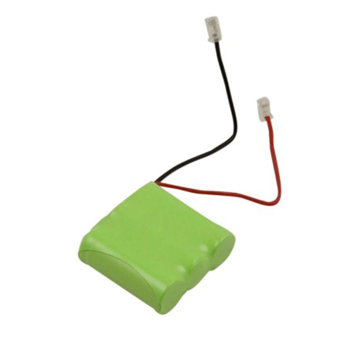 Pacco batteria verde con fili neri e rossi, connettori bianchi.