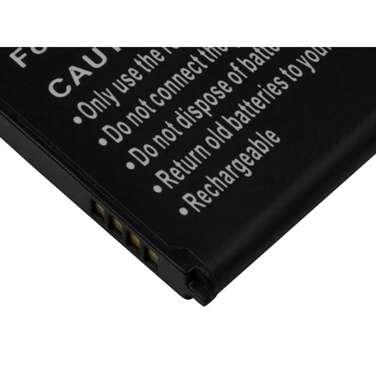 Batteria nera con testo bianco: Attenzione, Usare solo, Non collegare, Non smaltire, Restituire vecchie batterie, Ricaricabile.