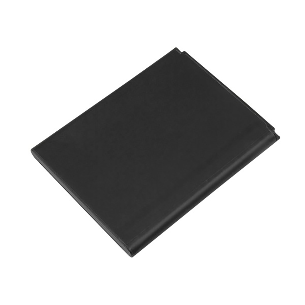 Un oggetto rettangolare nero con angoli arrotondati su sfondo bianco.