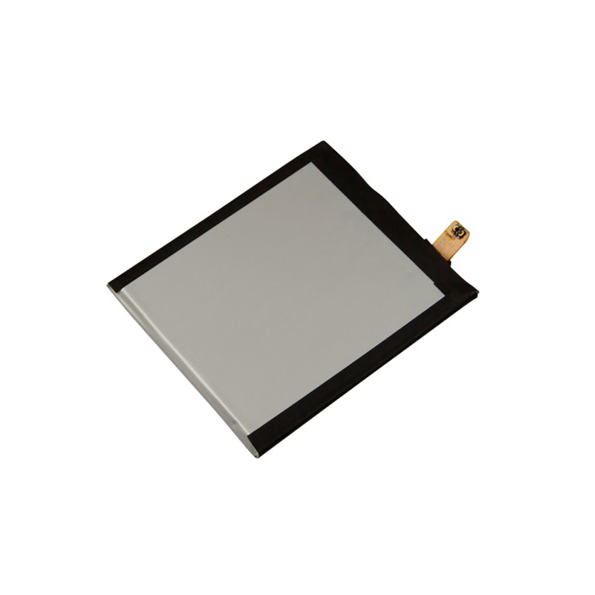 Batteria grigia con bordo nero e connettore dorato su sfondo bianco.
