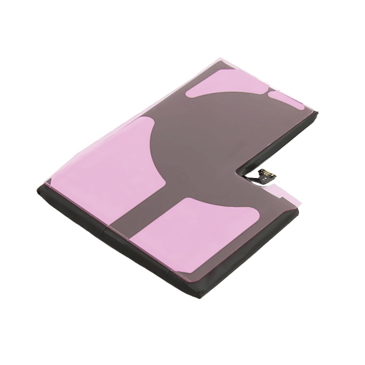 Batteria nera con strisce adesive rosa e grigie, con un piccolo connettore.