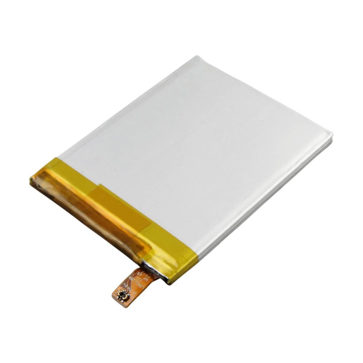 Eine flache, weiße rechteckige Batterie mit gelbem Klebeband links und einer kleinen Platine.