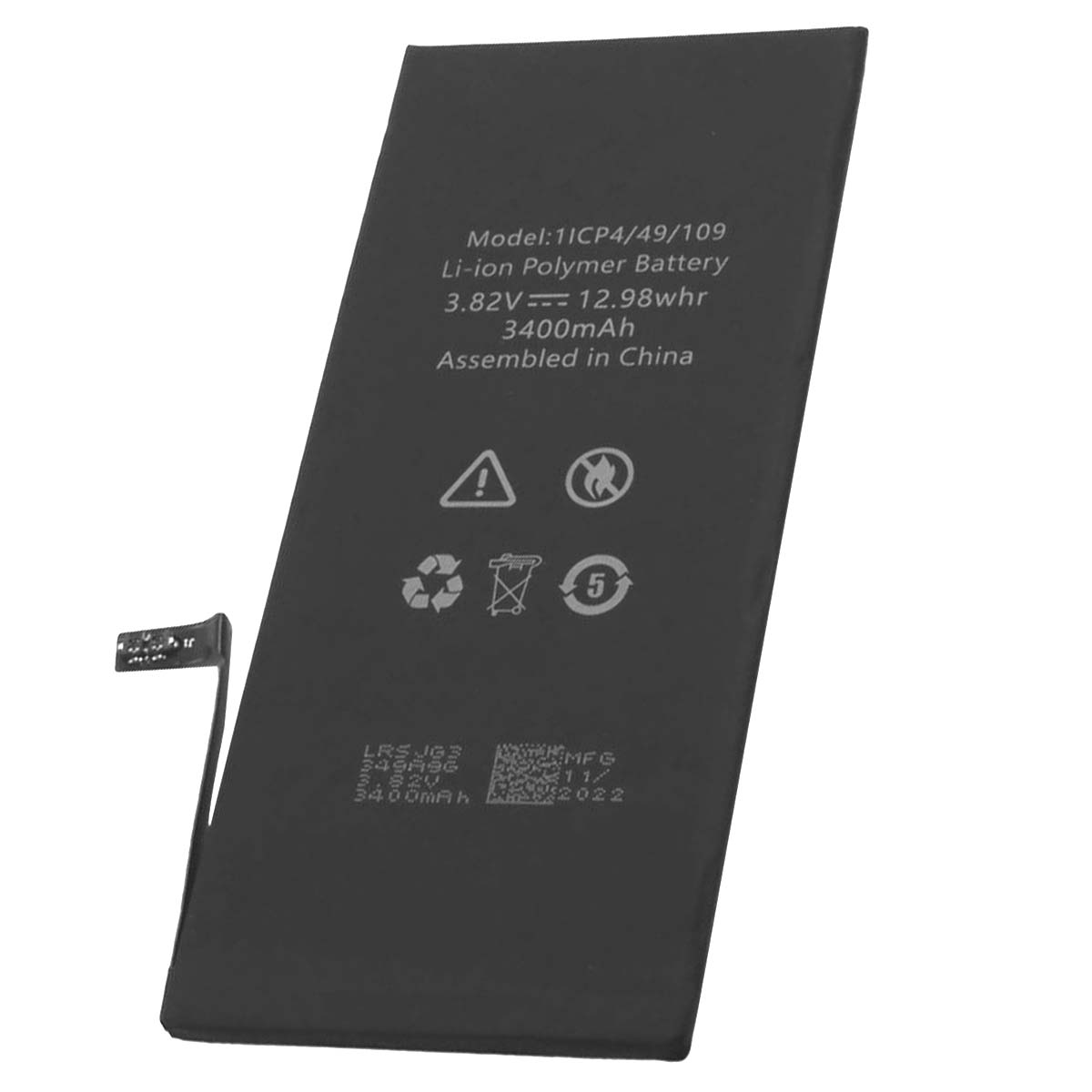 Batteria nera Li-ion con dettagli modello e capacità. Presente connettore.