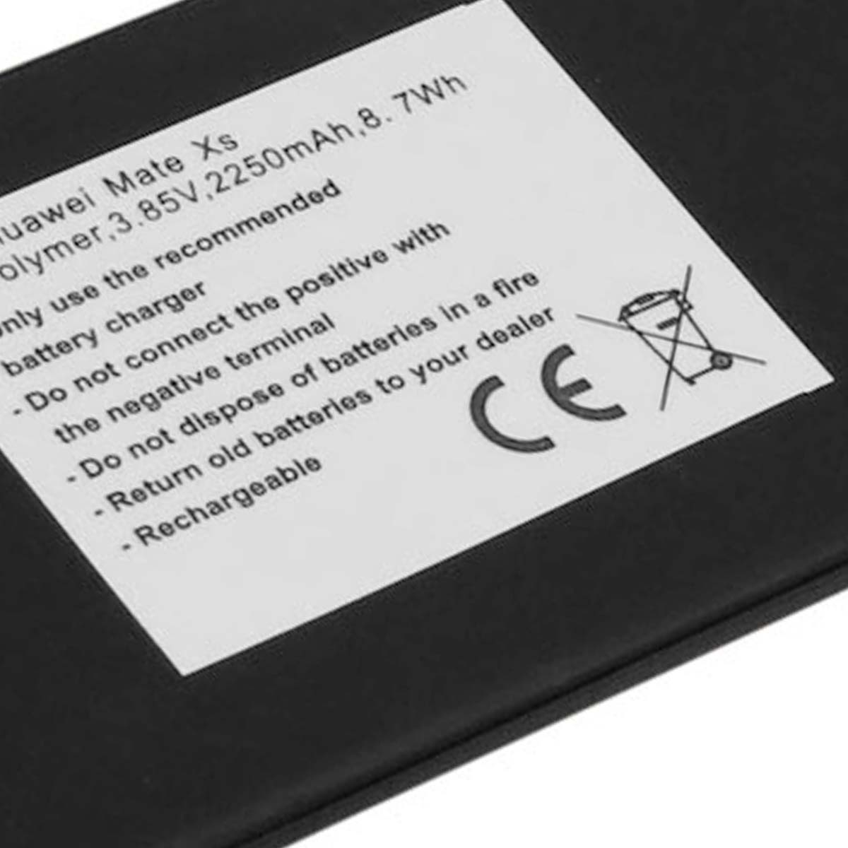 Huawei Mate Xs Akku: 3,85V, 2250mAh. CE-Zeichen, Entsorgungssymbol.