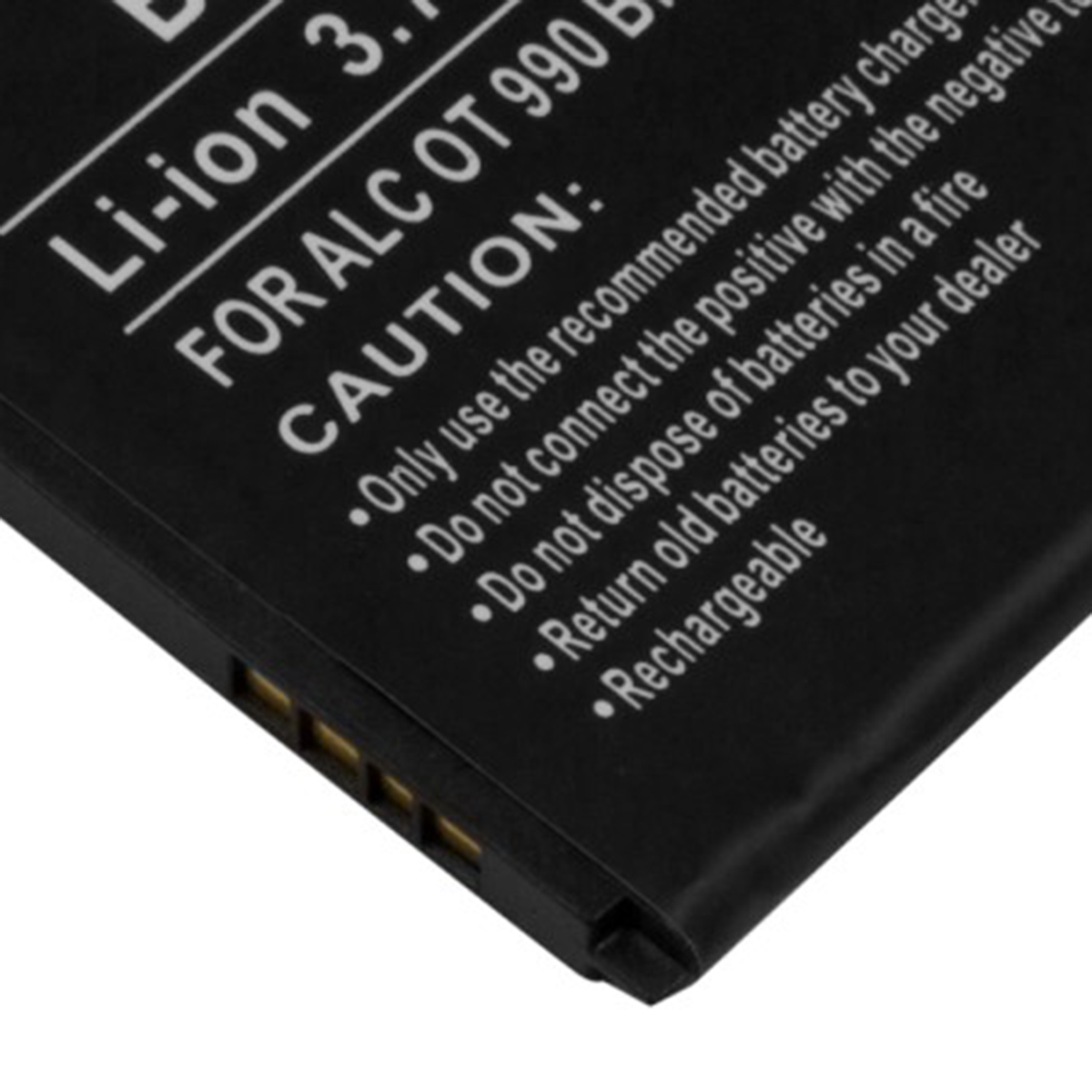 Batteria nera Li-ion con testo: PER ALC OT 990, ATTENZIONE e istruzioni di ricarica.