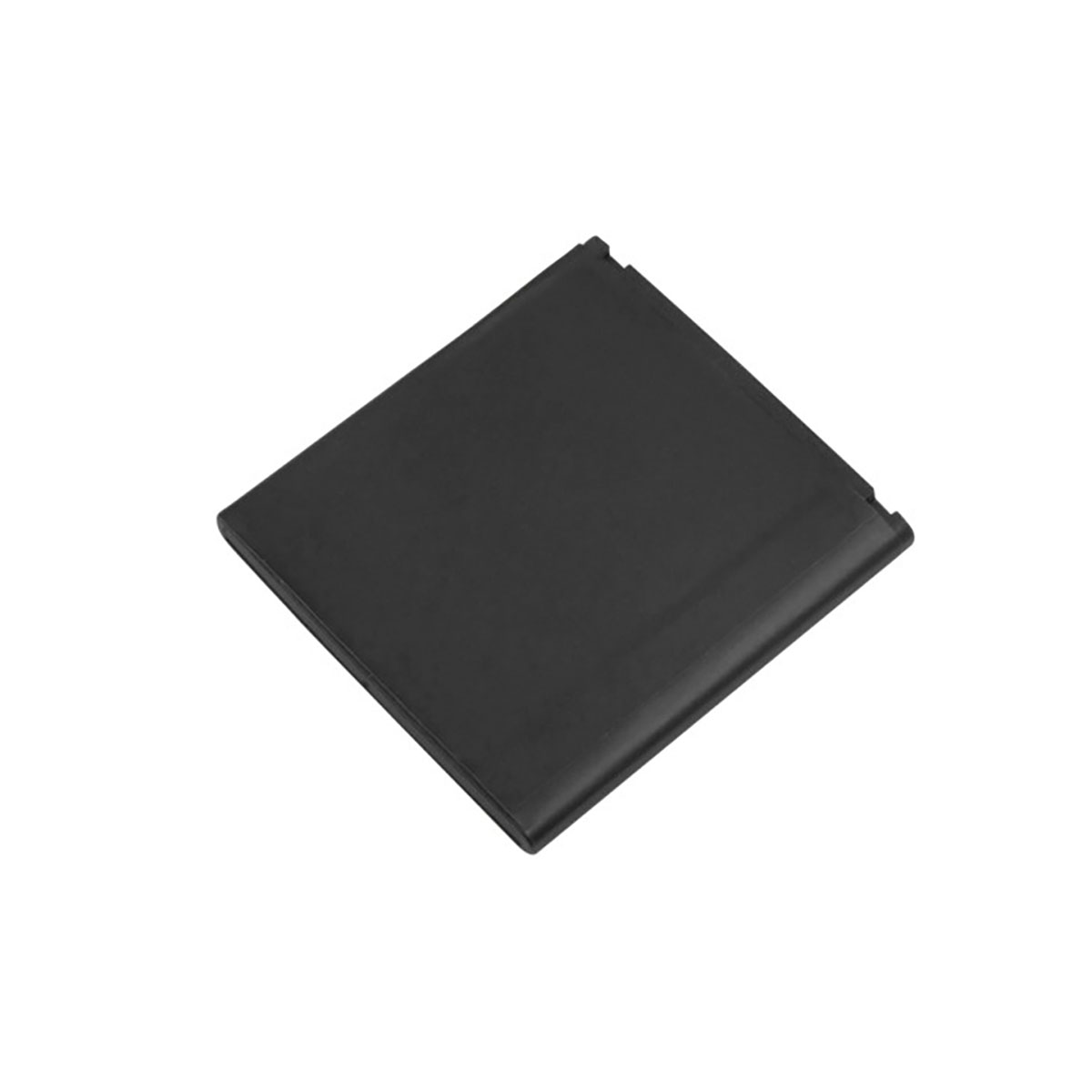 Una batteria rettangolare nera con angoli arrotondati su sfondo bianco.