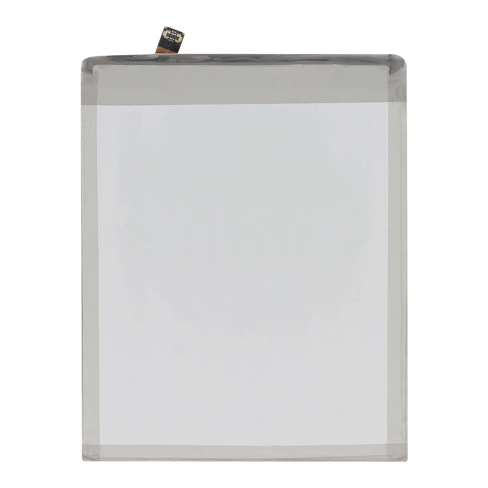 Una batteria piatta e rettangolare con bordo grigio e piccolo cavo di collegamento.