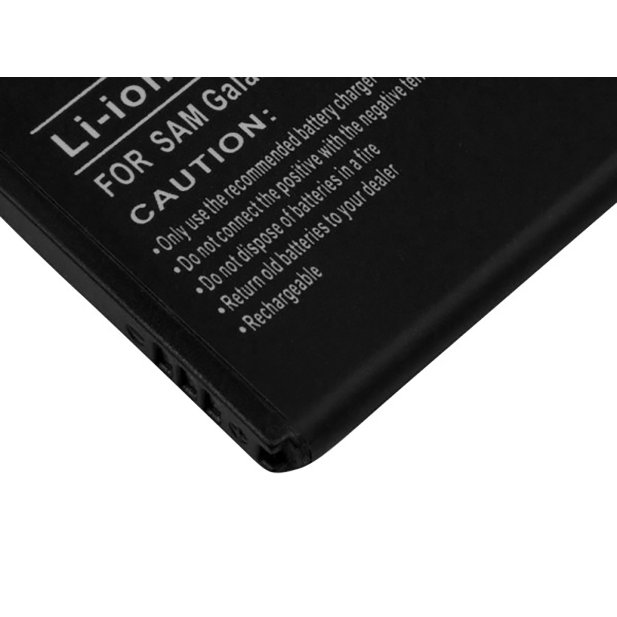 Batteria nera con testo bianco, avvertenze per dispositivi Samsung.