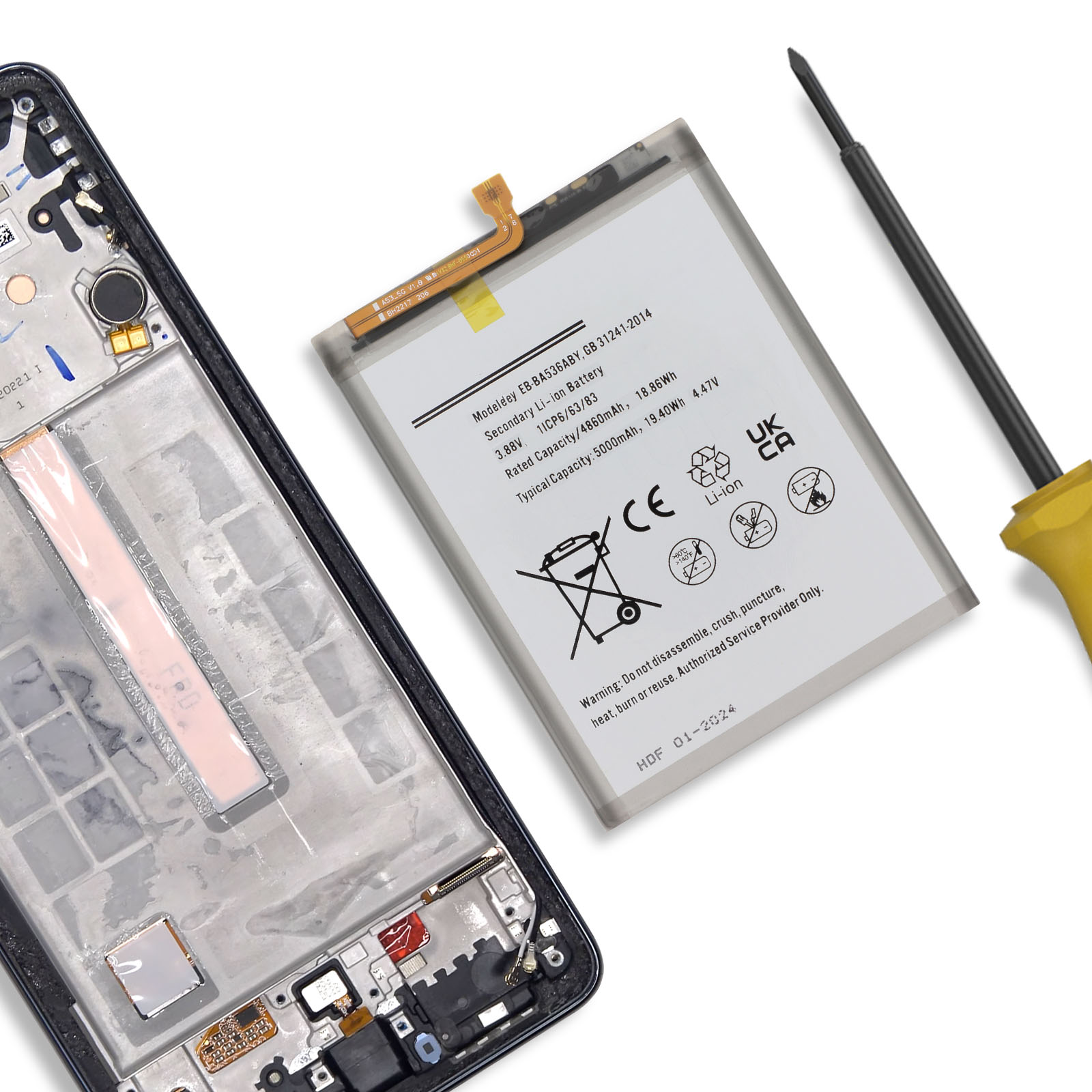 Scocca smartphone, batteria e cacciavite su sfondo bianco.
