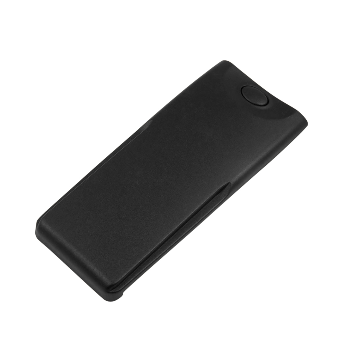 Schwarzes, rechteckiges Objekt mit abgerundeten Ecken und einem Knopf oben.