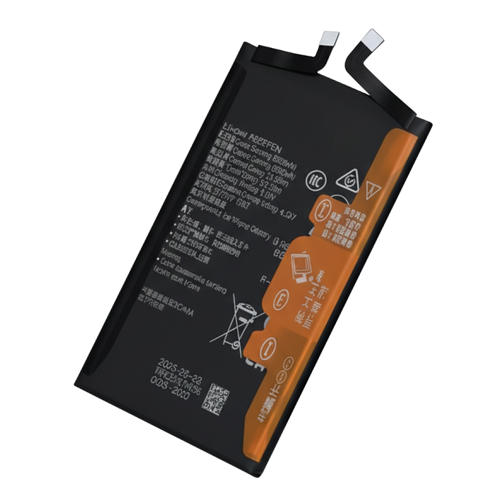 Batteria nera con accenti arancioni, stampa bianca e cavi di collegamento.