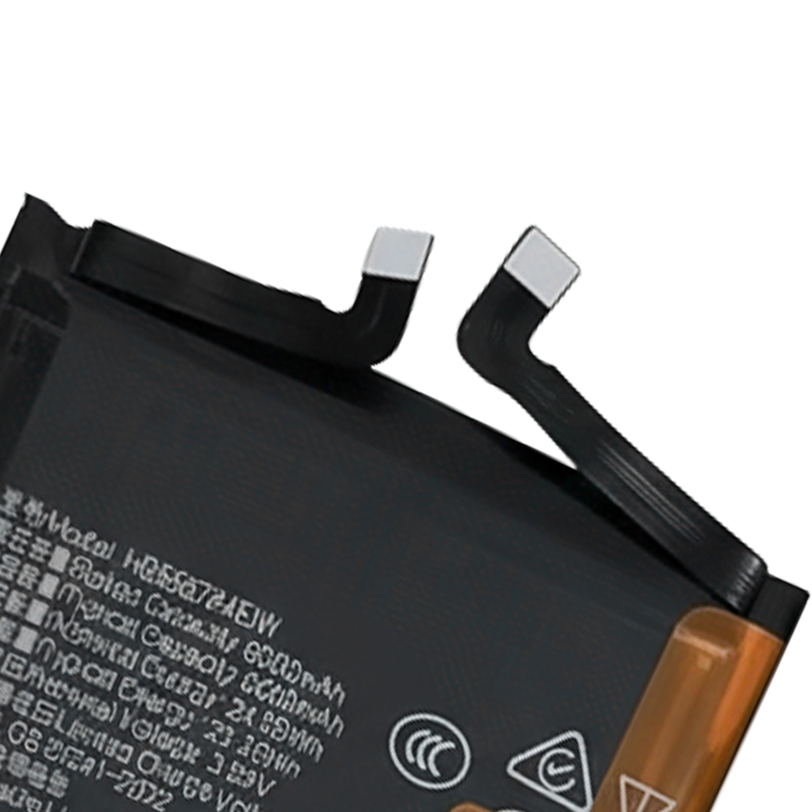 Batteria nera con due cavi neri che terminano con connettori bianchi.