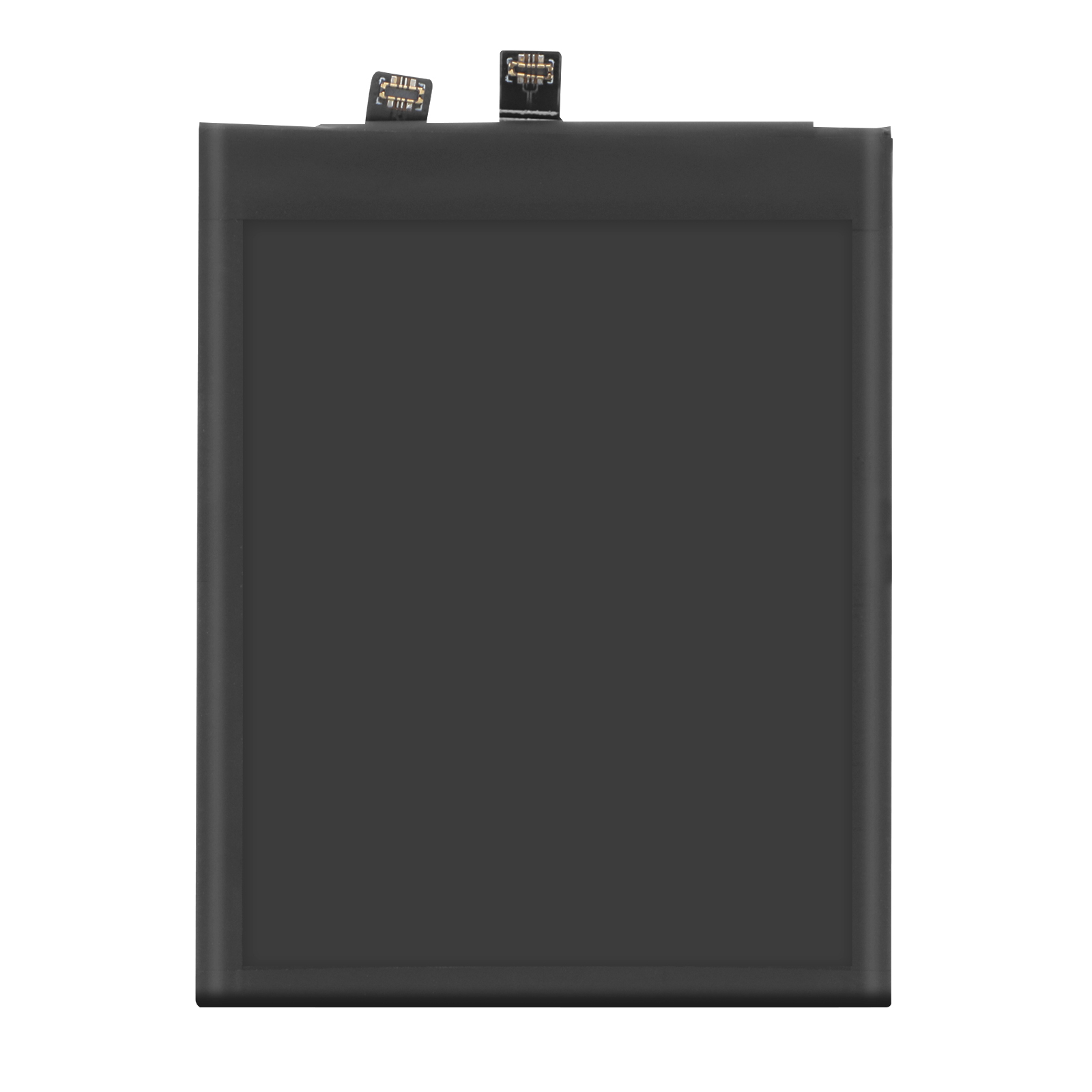 Una batteria nera con due connettori argentati in alto.
