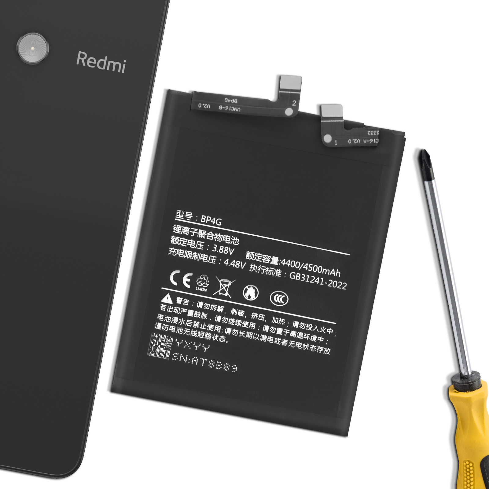 Telefono Redmi con batteria esposta e cacciavite.
