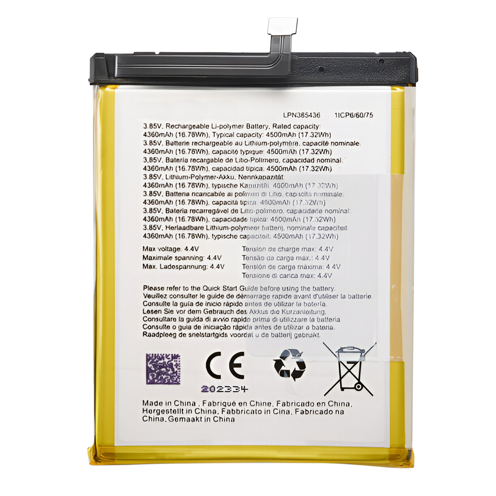 Batteria con testo: LPN385436, 11CP0/60/75, 4500mAh, marchio CE.