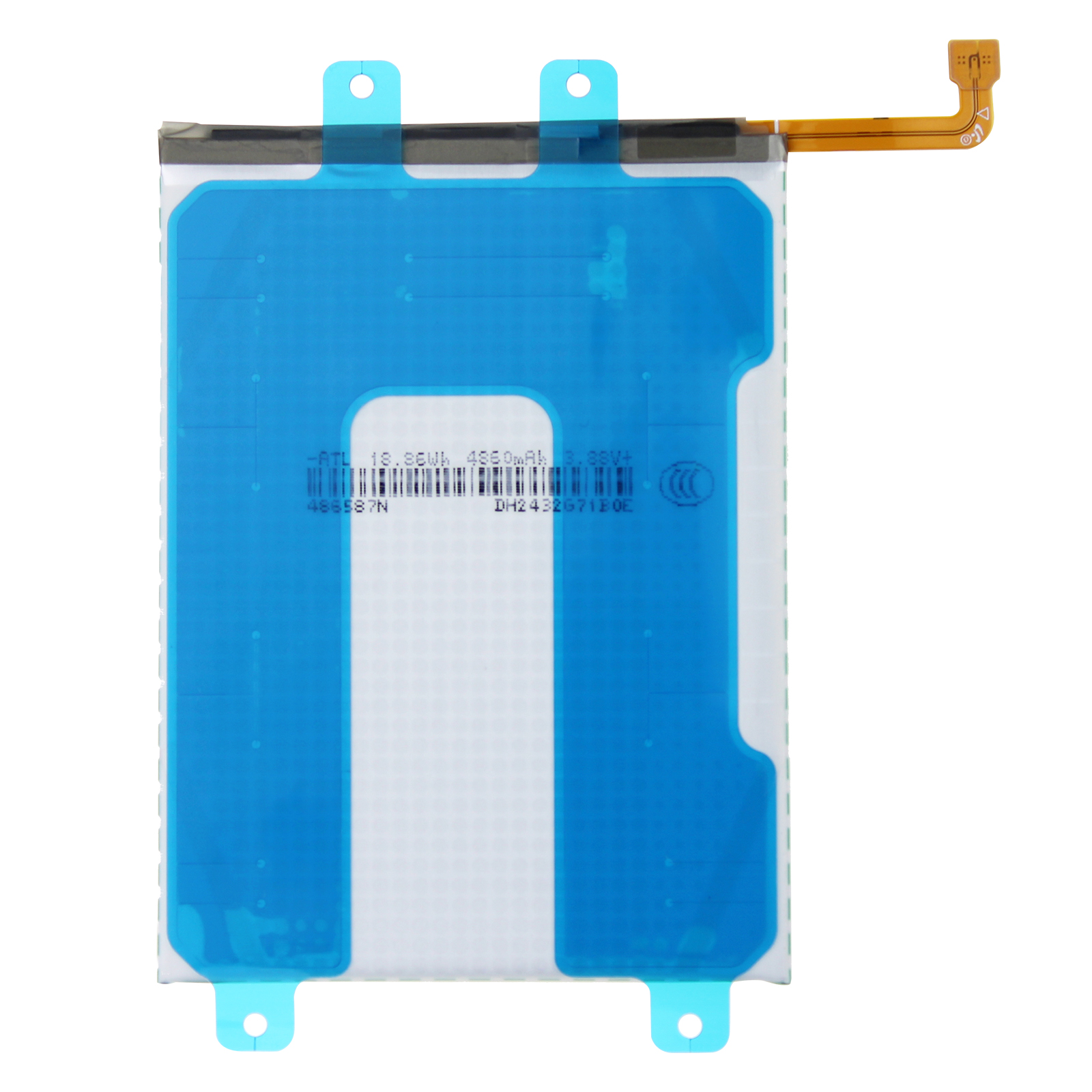 Una batteria bianca con copertina blu e cavo piatto giallo.