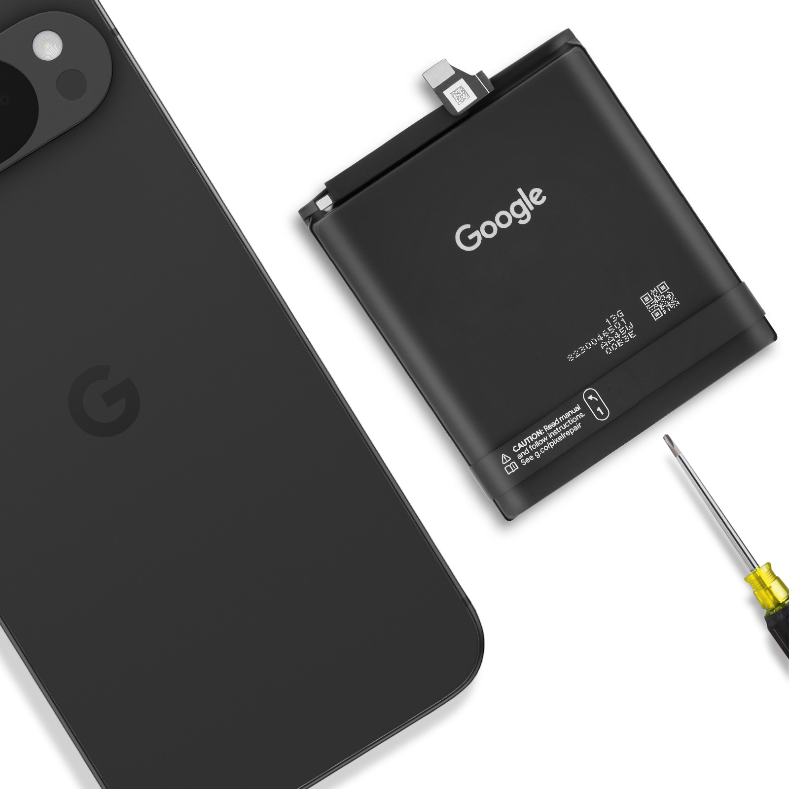 Un telefono Google nero giace accanto alla sua batteria e a un cacciavite.