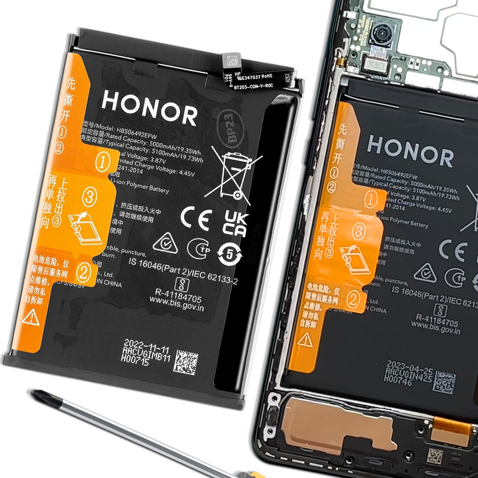 Batteria Honor (5000mAh) accanto a una scocca di smartphone svitata.