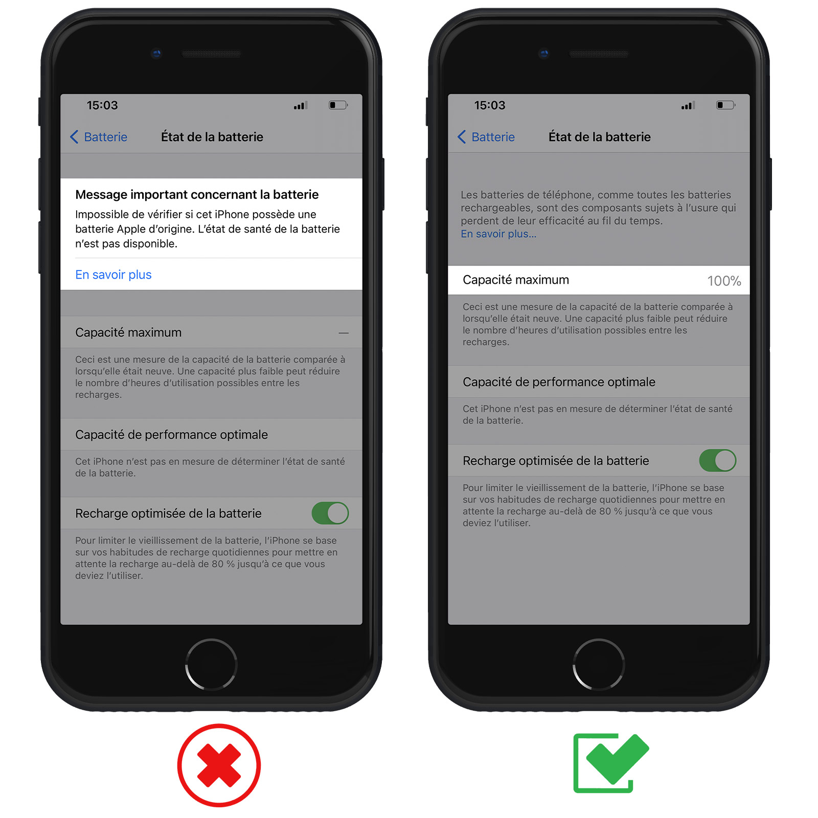 Due iPhone mostrano lo stato della batteria. Uno con avviso, l'altro con 100%.